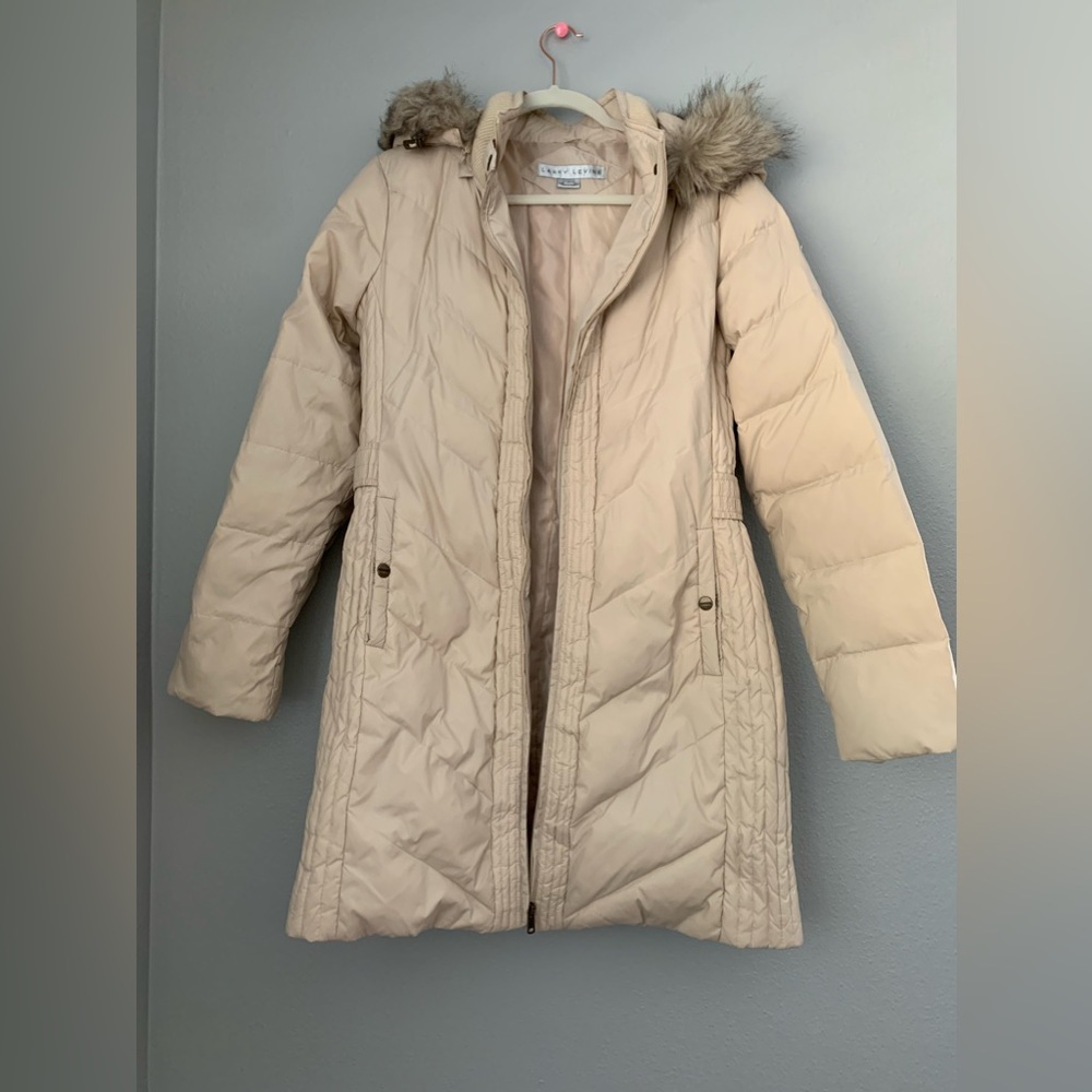 Larry Levine Faux-Fur-Trim Chevron-Quilted Down Coat